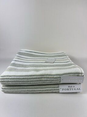 Felpinter Bath Towels Green Tan White Striped Soft Combed Cotton Set of 2 NEW